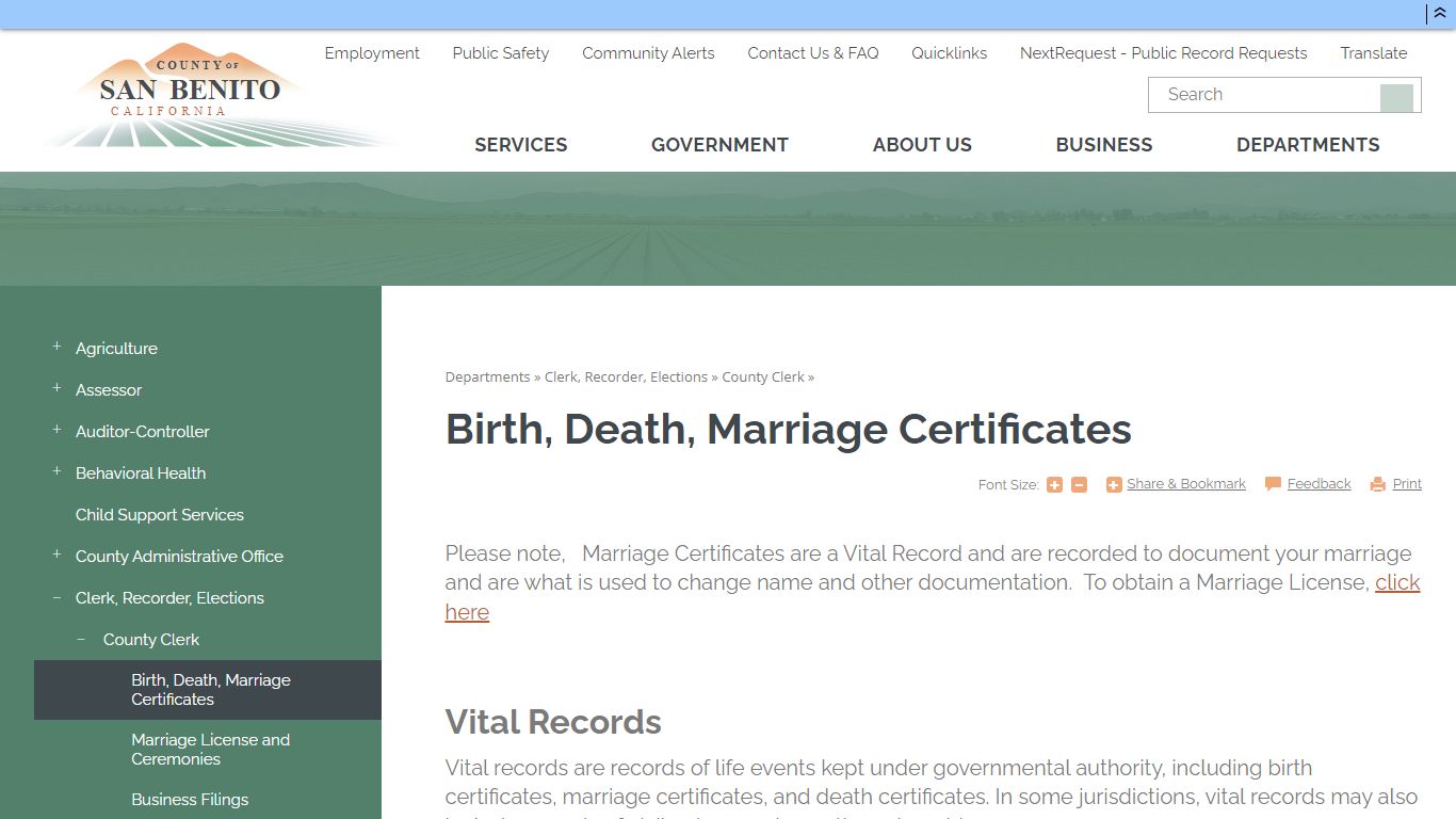 Birth, Death, Marriage | San Benito County, CA